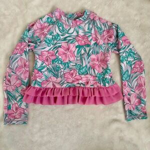 Tommy Bahama Girls Pink Hibiscus Floral Ruffle Rash Guard Top‎ Sz 4
